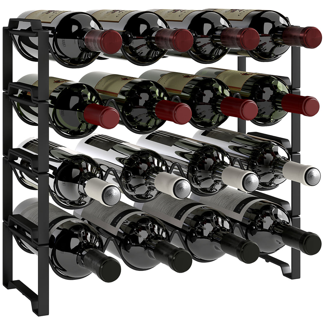 Portabottiglie a 4 Livelli a Onda Impilabili per 16 Bottiglie, in Metallo, 42.5x16.5x41 cm, Nero