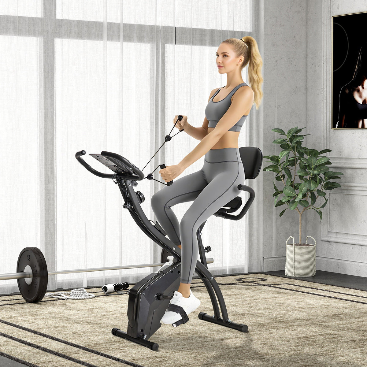 Cyclette Pieghevole 2 in 1, Resistenza Magnetica Regolabile 8 Livelli, Cyclette da Casa Silenziosa con Sensore Cardiaco, Sedile Regolabile, Bande Elastici, Schermo LCD, Ruote, Nero