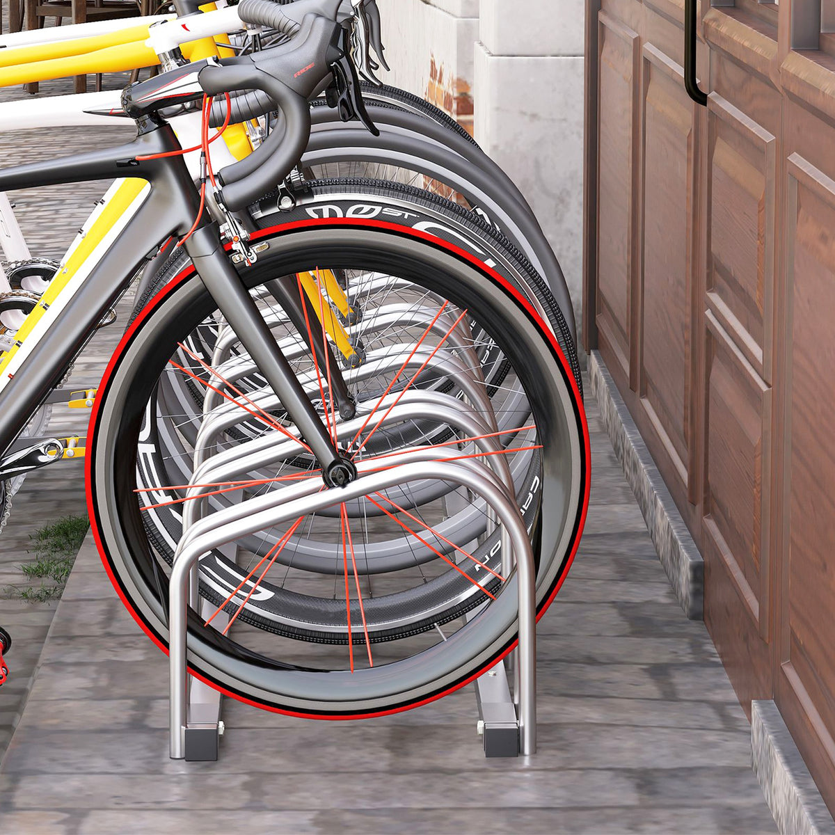 Rastrelliera Portabiciclette Parcheggio per 6 Biciclette in Acciaio, 179x33x27 cm, Argento