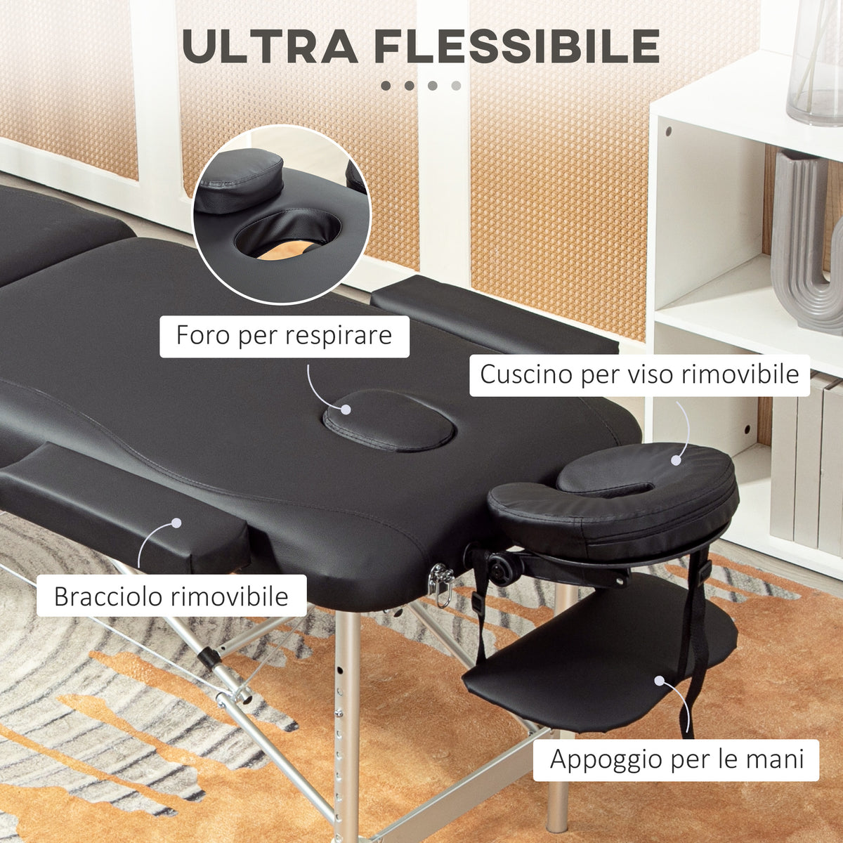 Lettino da Massaggio Pieghevole ad Altezza Regolabile, in Alluminio e Plastica, 215x81x61-84 cm, Nero