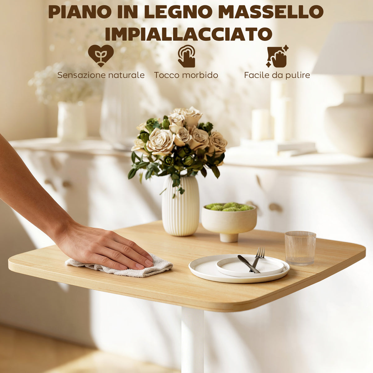 Tavolo da Pranzo Piccolo Quadrato 60 cm, Tavolo Cucina con Piano Effetto Legno, Base in Acciaio e Piedini Antiscivolo, Legno Naturale
