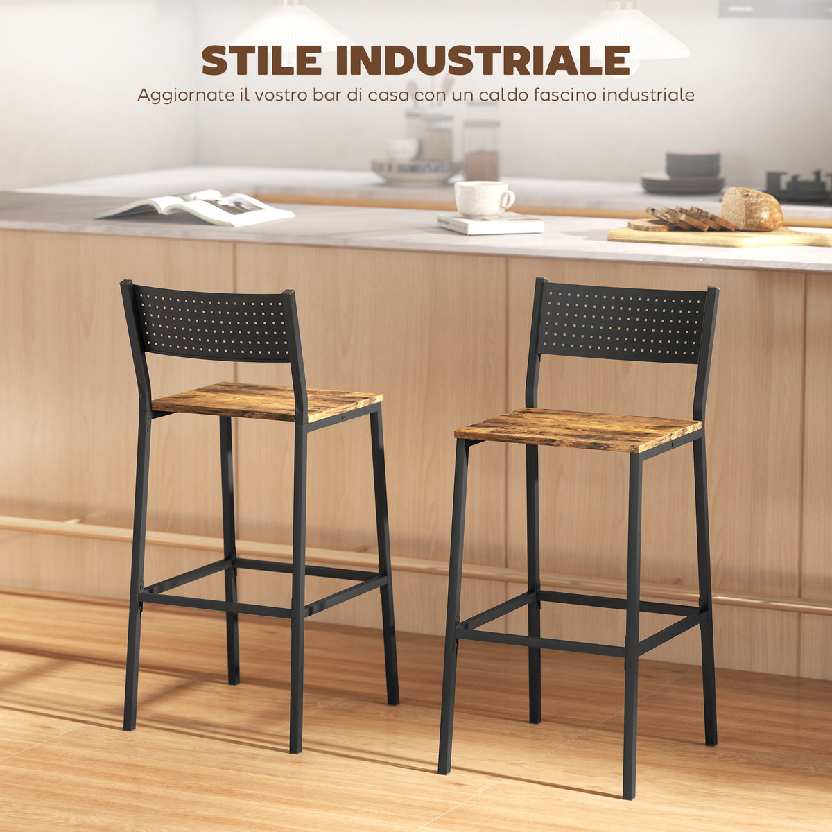 Set 2 Sgabelli da Bar con Schienale e Poggiapiedi Integrato in Stile Industriale, Marrone Rustico
