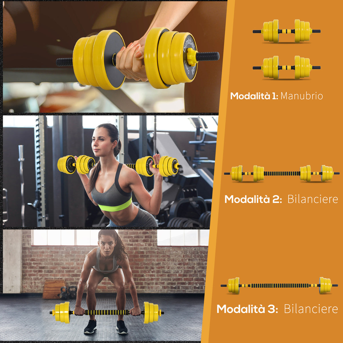 Set Manubri Regolabili 2 in 1 con Barra Bilanciere, Pesi Manubri Pesi con 12 Dischi per Allenamento Casa/Palestra, Nero e Giallo