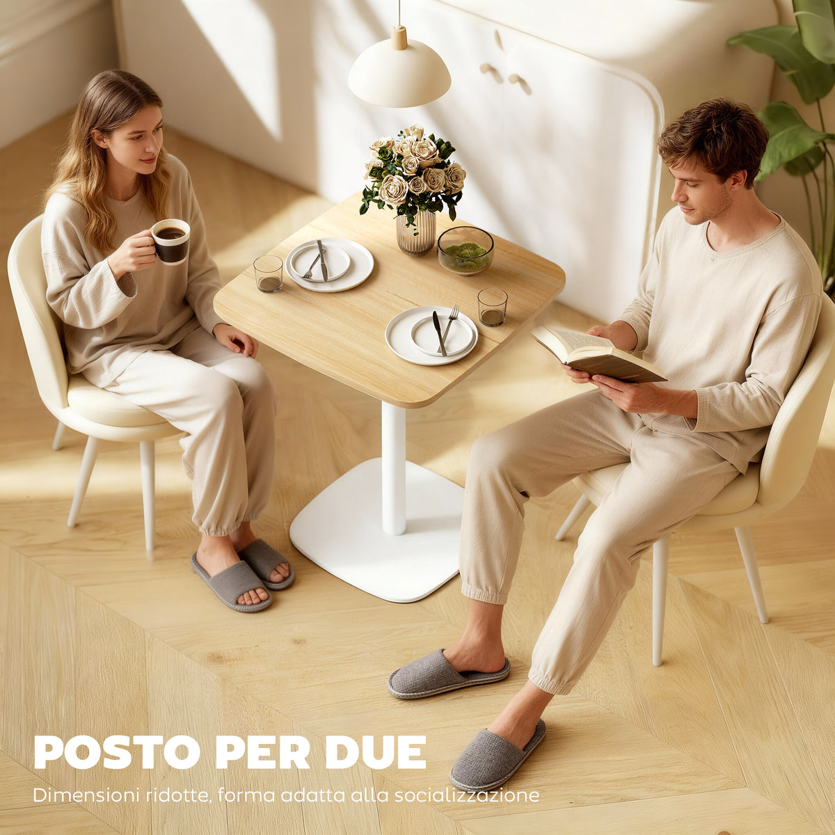 Tavolo da Pranzo Piccolo Quadrato 60 cm, Tavolo Cucina con Piano Effetto Legno, Base in Acciaio e Piedini Antiscivolo, Legno Naturale