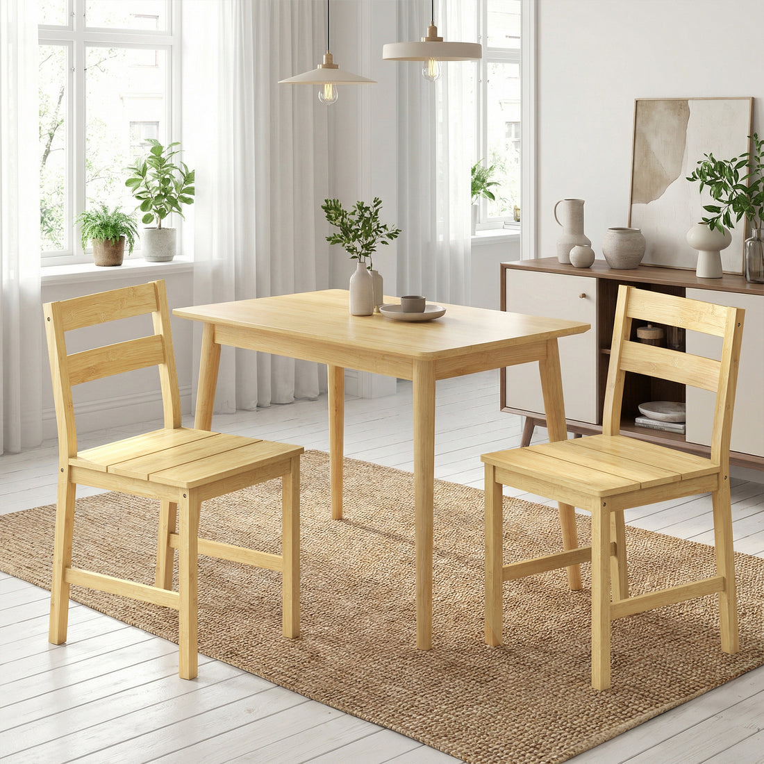 Set di 2 Sedie da Pranzo in Bambù con Schienale Curvo e Seduta a Doghe, Colore Legno Naturale