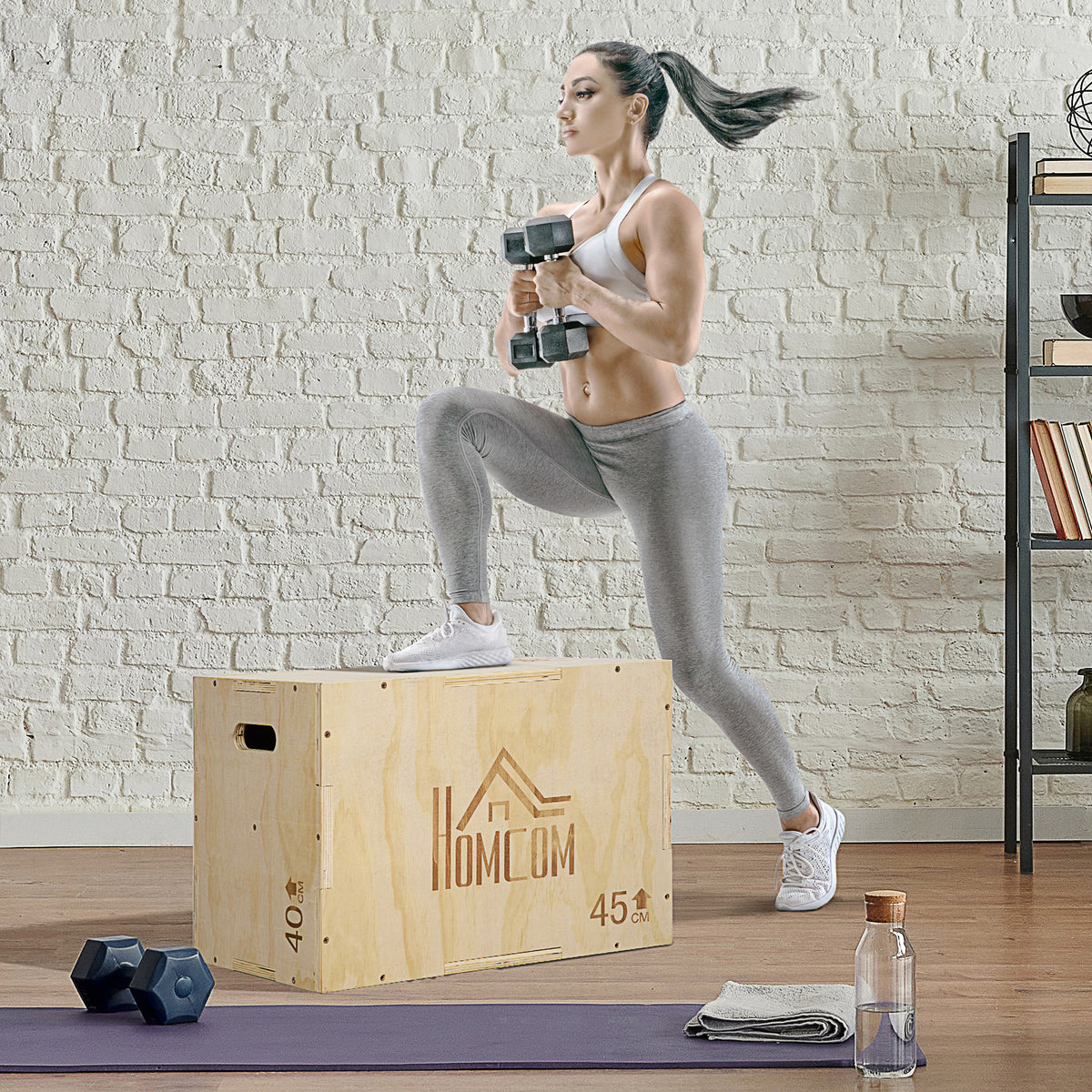 Box Jump a 3 Altezze Regolabili per Casa e Palestra, in Legno di Faggio, 45x40x60 cm