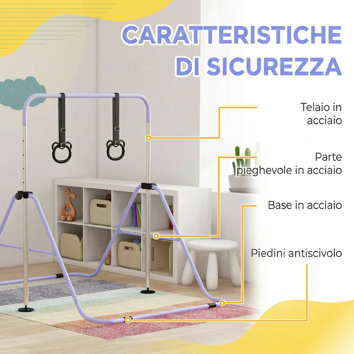 Sbarra Ginnastica Artistica per Bambini ad Altezza Regolabile con 2 Anelli, in Acciaio, 148x105x88-128 cm, Viola