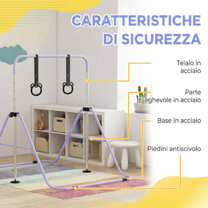 Sbarra Ginnastica Artistica per Bambini ad Altezza Regolabile con 2 Anelli, in Acciaio, 148x105x88-128 cm, Viola