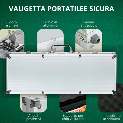 Set Poker per 9-10 Giocatori con 500 Fiches, 2 Mazzi di Carte e 5 Dadi, in Alluminio e Poliestere