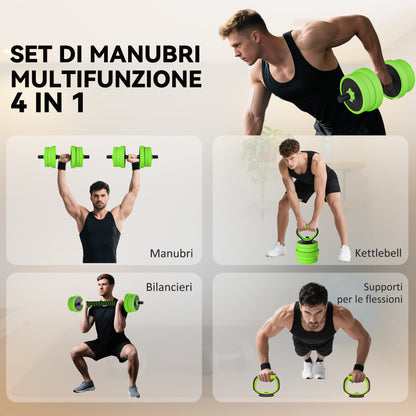 Set Pesi da Palestra 4 in 1 da 20kg, Convertibile in Kettlebell, 2 Manubri, Bilanciere e Supporto Flessioni, Verde