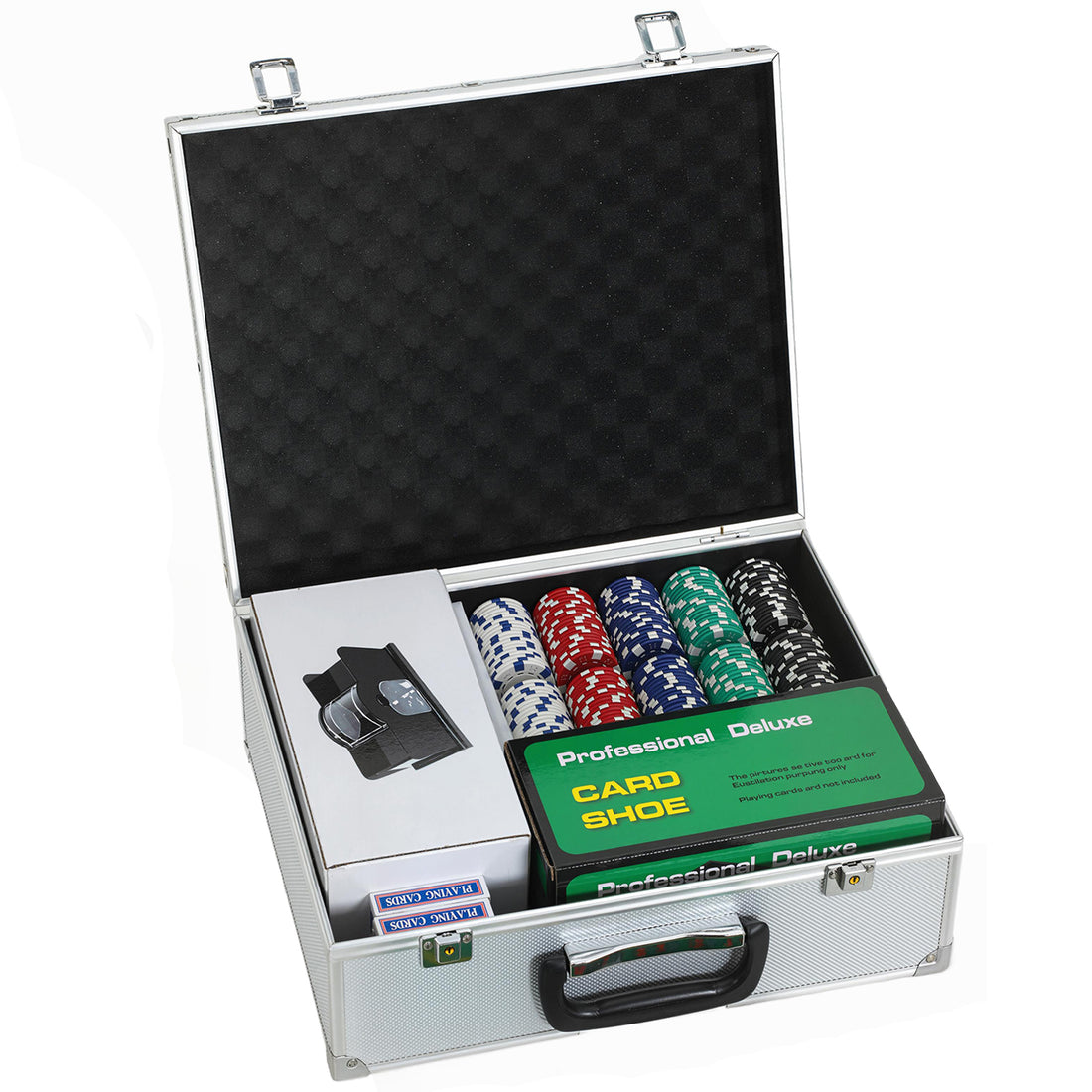Set Poker con 300 Fiches, Mescolatore e Distributore Carte, Tappetino, 5 Dadi, Pulsante Dealer e Valigetta