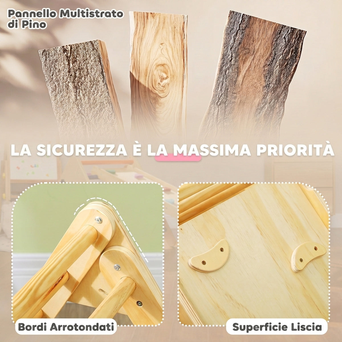 Gioco da Arrampicata con Triangolo e Pannello Scivolo ed Arrampicata, per Bambini 18-48 Mesi, Color Legno