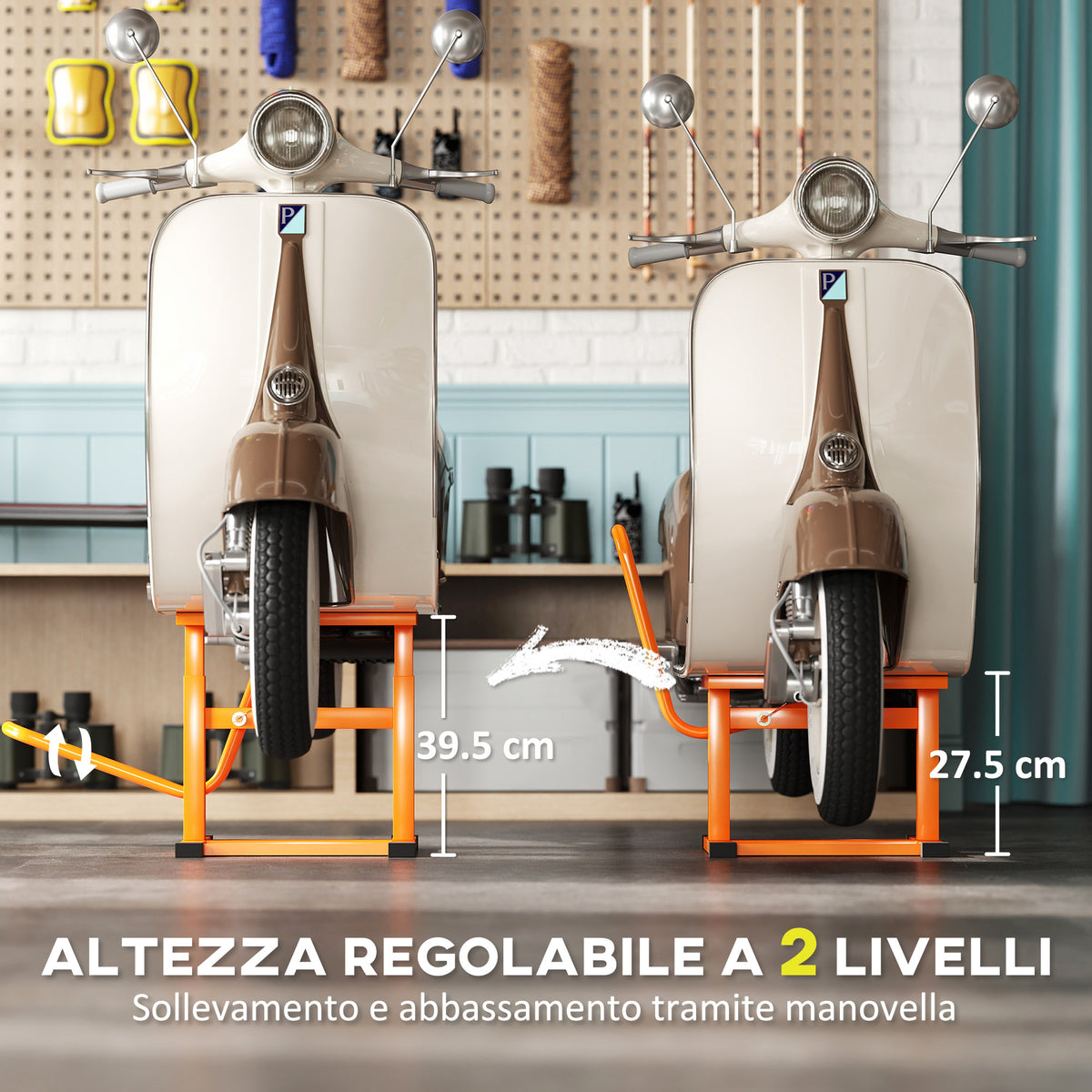 Cavalletto Alzamoto max 150 kg in Metallo con Superficie in Gomma e Manovella, 48x34x43 cm, Arancione