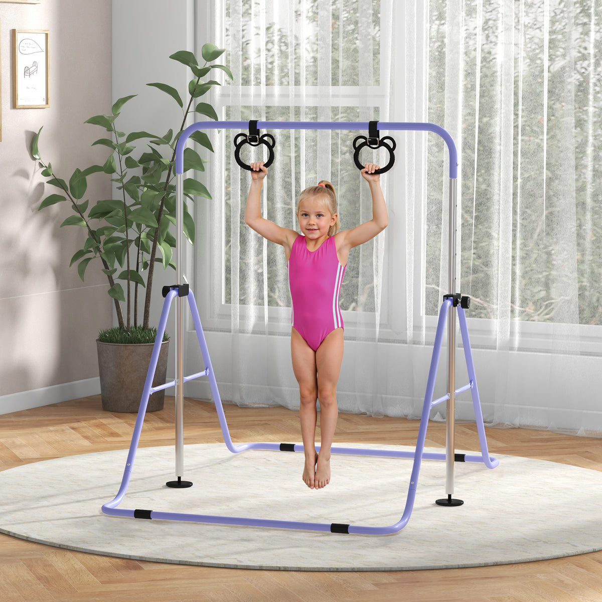 Sbarra Ginnastica Artistica per Bambini ad Altezza Regolabile con 2 Anelli, in Acciaio, 148x105x88-128 cm, Viola