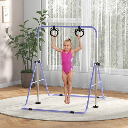 Sbarra Ginnastica Artistica per Bambini ad Altezza Regolabile con 2 Anelli, in Acciaio, 148x105x88-128 cm, Viola