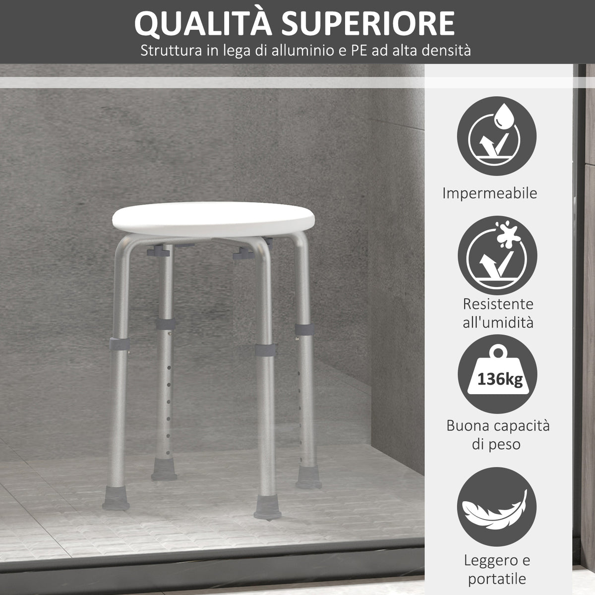 Sgabello da Doccia Girevole a 360 con Piedini Antiscivolo e Regolabile in Altezza su 8 Livelli, Sgabello per Doccia in Alluminio e PE, 32.5x41x35.5-54 cm, Bianco
