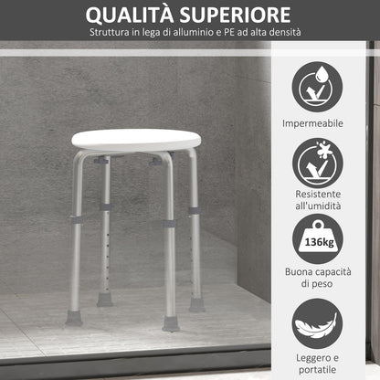 Sgabello da Doccia Girevole a 360 con Piedini Antiscivolo e Regolabile in Altezza su 8 Livelli, Sgabello per Doccia in Alluminio e PE, 32.5x41x35.5-54 cm, Bianco