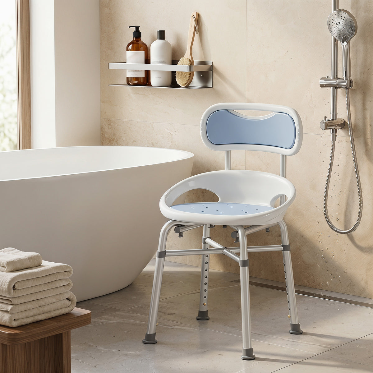 Sedia da Doccia con Schienale e Sedile Forato, 8 Altezza Regolabile, Antiscivolo, Portata 136kg, Azzurro
