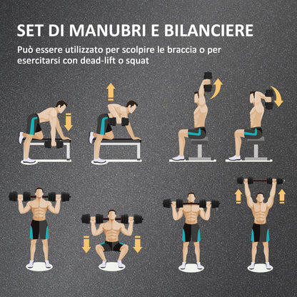 Set 2 Manubri Antiscivolo con 16 Dischi Pesi da 30 kg totali e Connettore, in Acciaio, HDPE e Sabbia, Nero