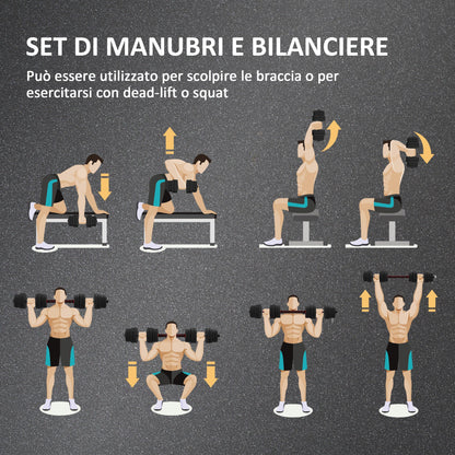 Set 2 Manubri Antiscivolo con 16 Dischi Pesi da 30 kg totali e Connettore, in Acciaio, HDPE e Sabbia, Nero