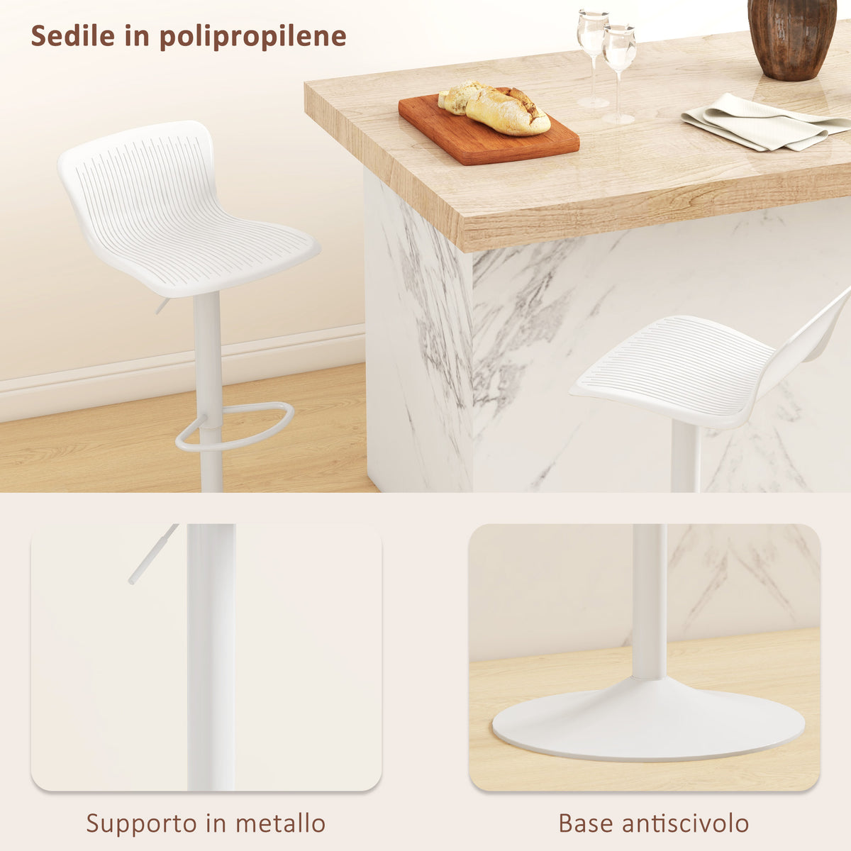 Set 2 Sgabelli da Bar con Schienale, Girevoli e con Altezza Regolabile, Polipropilene, Bianco
