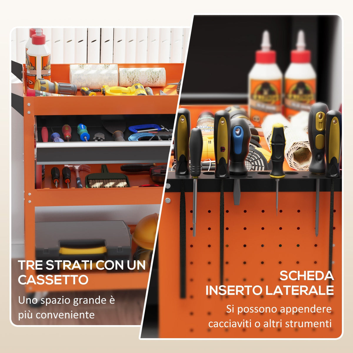 Carrello Porta Attrezzi con Manico Laterale, Cassetto e 3 Ripiani in Acciaio, 82x35x76 cm, Arancione