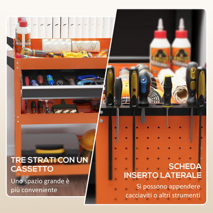 Carrello Porta Attrezzi con Manico Laterale, Cassetto e 3 Ripiani in Acciaio, 82x35x76 cm, Arancione