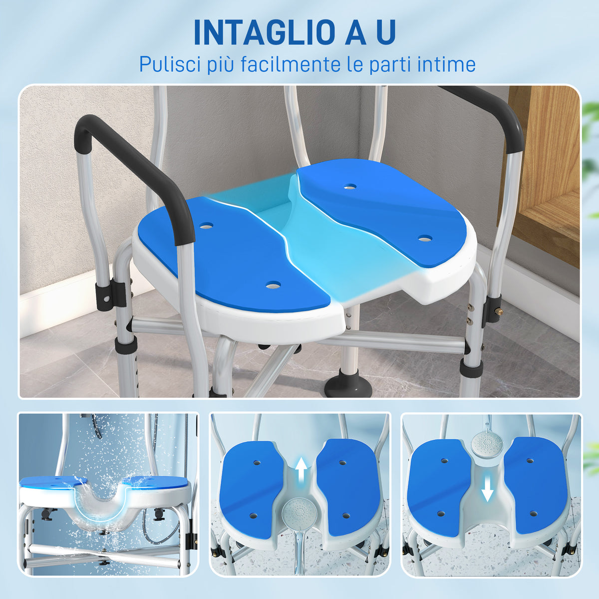 Sedia da Doccia con Seduta Scanalata, Altezza Regolabile e Piedini Antiscivolo, Blu
