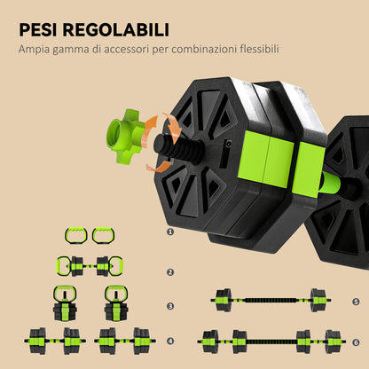 Set Pesi Palestra 6 in 1 Multifunzione da 20kg Totali in Plastica e Sabbia, 125x18x18 cm, Verde