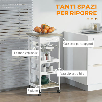 Carrello da Cucina Salvaspazio in Legno di Pino e MDF, Carrello Portaoggetti con Cassetto, Cestello, 2 Vassoi e 4 Ruote Universale, 37x37x82cm, Bianco