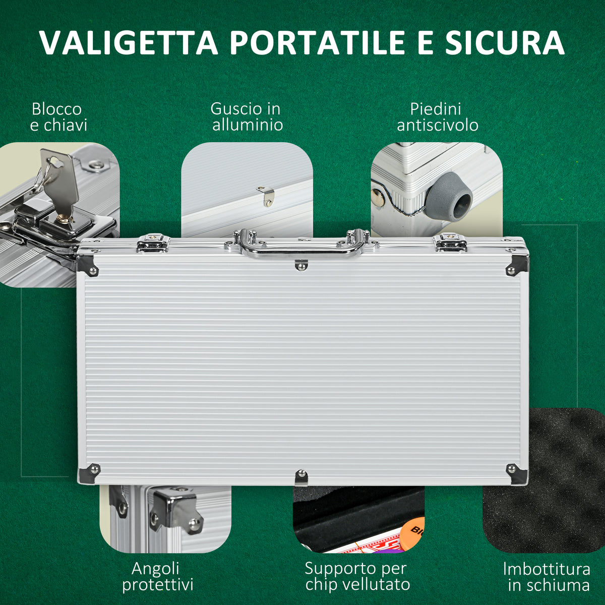 Set Poker per 7-8 Giocatori con 300 Fiches, 2 Mazzi di Carte e 5 Dadi, in Alluminio e Poliestere