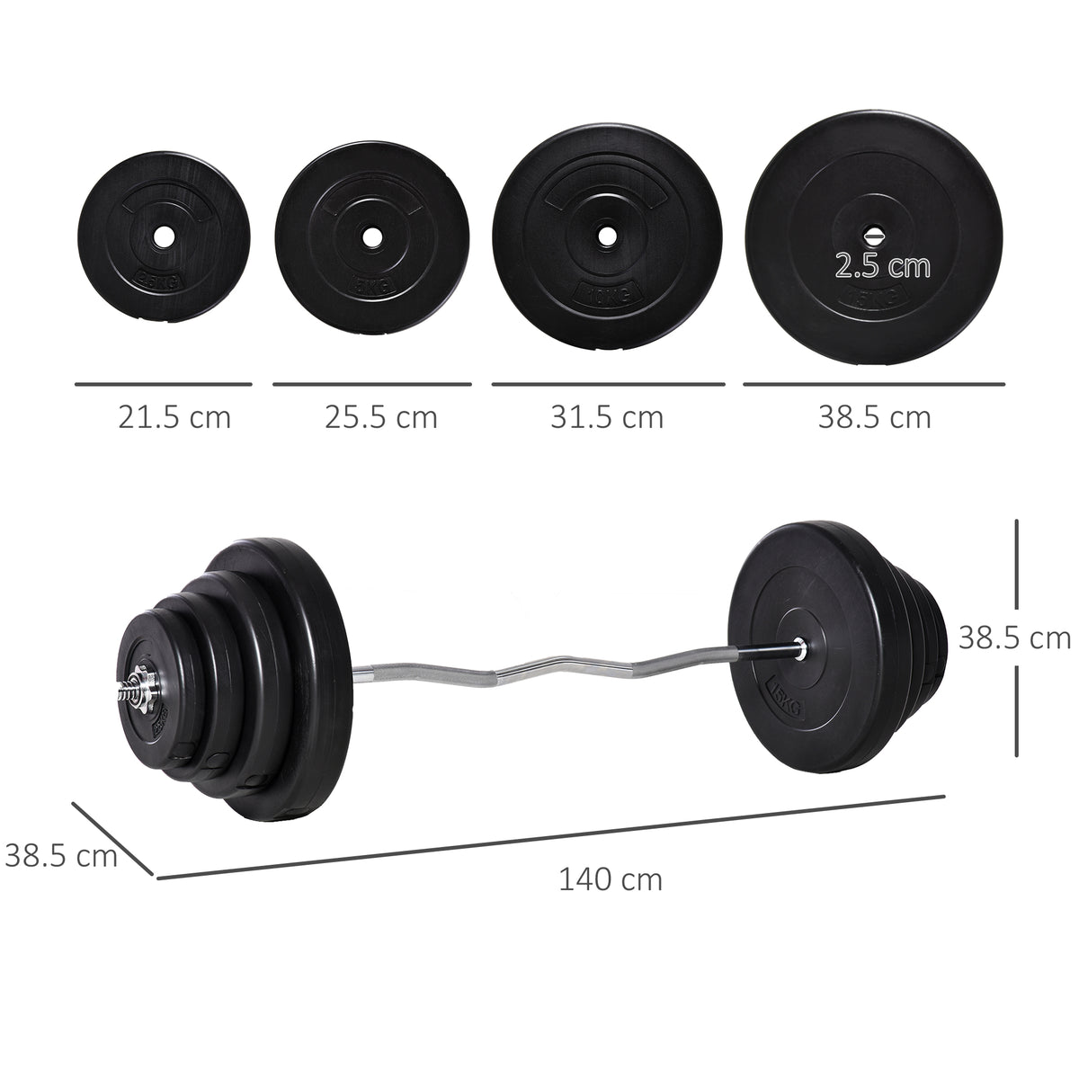 Set Bilanciere e Dischi da 70 kg totali con Impugnatura Antiscivolo, Acciaio e Plastica, Nero