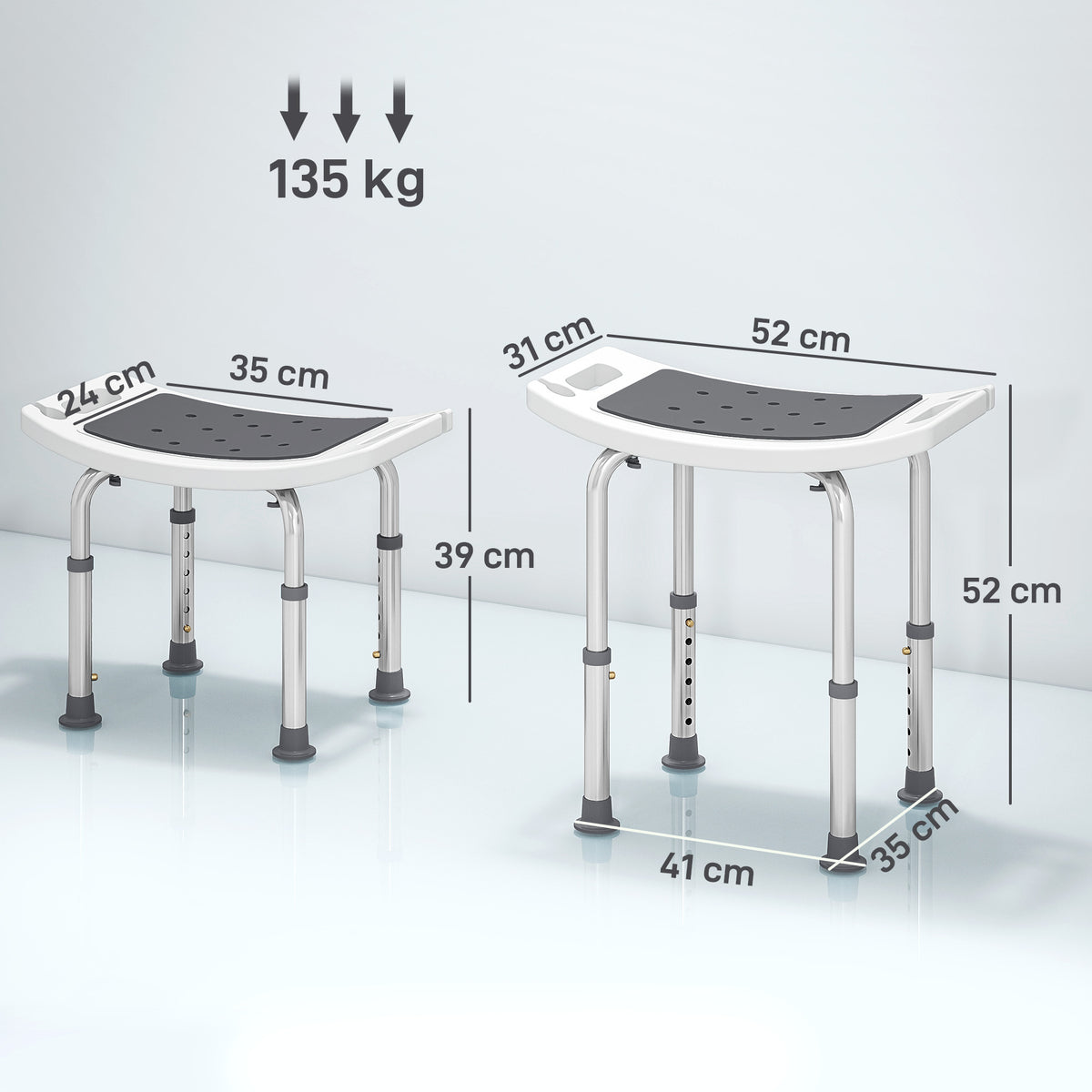 Sgabello da Doccia in Lega di Alluminio e Plastica Antiscivolo, Altezza Regolabile 6 Livelli 39-52cm, Grigio