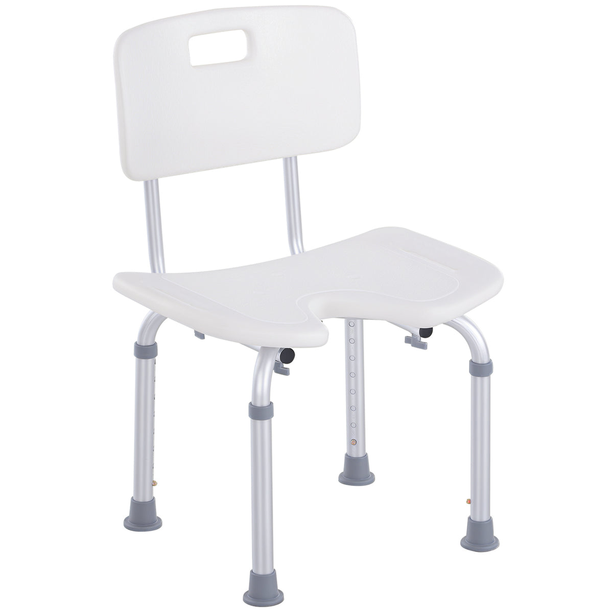 Sedia Doccia Regolabile su 8 Livelli con Fori di Drenaggio, in Alluminio e PE, 48x42x71-83.5 cm, Bianco e Argento