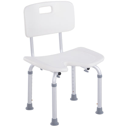 Sedia Doccia Regolabile su 8 Livelli con Fori di Drenaggio, in Alluminio e PE, 48x42x71-83.5 cm, Bianco e Argento