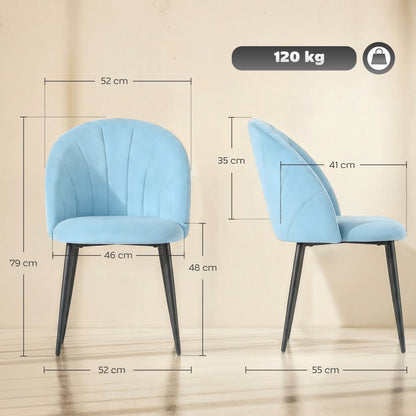 Set 2 Sedie da Pranzo Imbottite con Schienale a Conchiglia in Velluto, 52x55x79 cm, Azzurro