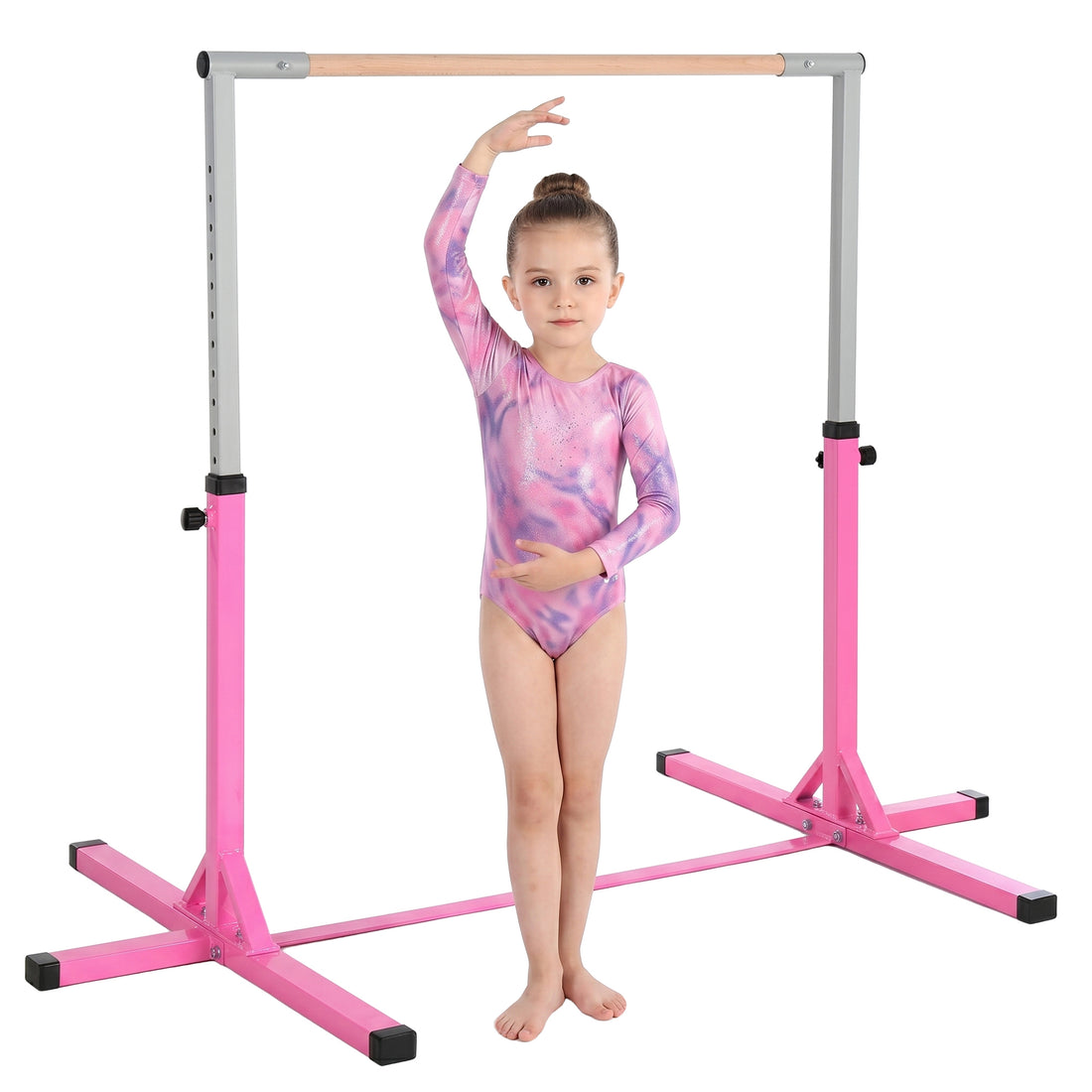 Barra da Ginnastica Artistica per Bambini 3+ Anni con Altezza Regolabile 92-150 cm, in Acciaio e Legno Massello di Faggio, Sbarra Orizzontali Danza Attrezzatura Palestra Antiscivolo, Rosa