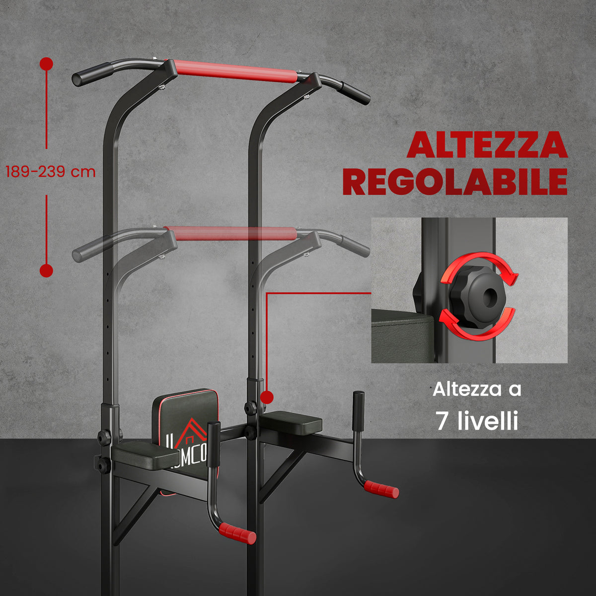Barra per Trazioni Power Tower Stazione Fitness Multifunzione Regolabile 189-239cm in Acciaio Nero Rosso