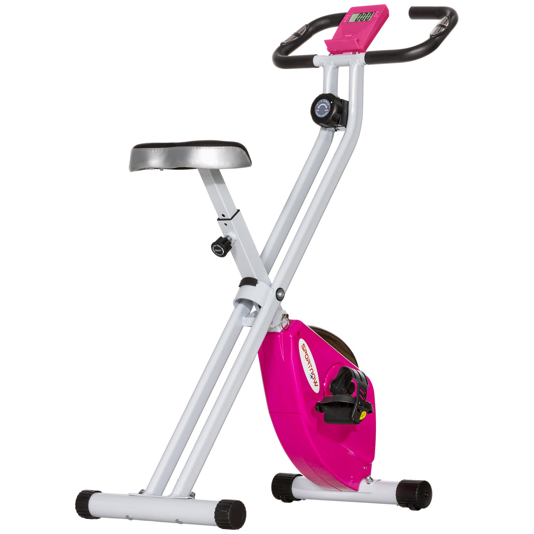 Cyclette Pieghevole Magnetica a 8 Livelli con Display LCD, Rotelle e Sellino Regolabile, Rosa e Bianco