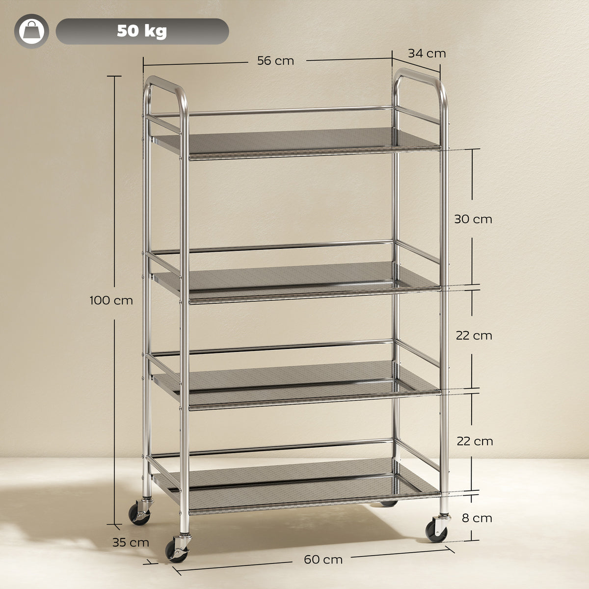 Carrello Multiuso a 4 Livelli con 2 Ripiani Regolabili e Bordi Rialzati, in Acciaio Inox, 60x35x100 cm