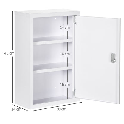 Armadietto Medicinali a 3 Ripiani con Serratura e 2 Chiavi, in Acciaio, 30x14x46 cm, Bianco