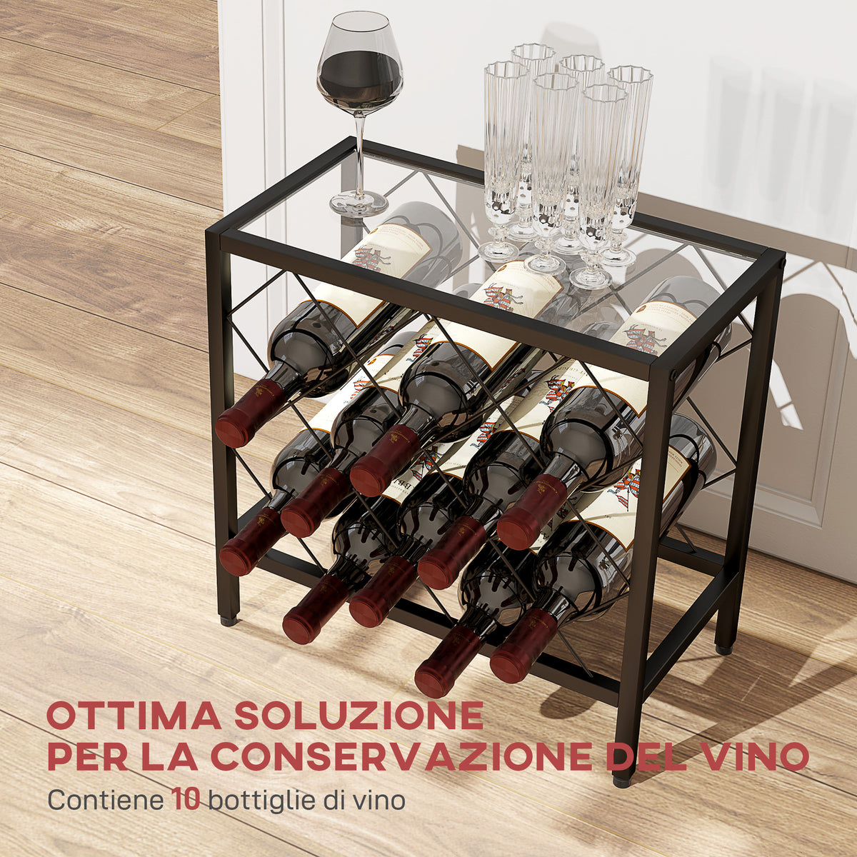 Portabottiglie Vini per 10 Bottiglie in Acciaio Nero con Piano d'Appoggio in Vetro Temperato, 41x22x41 cm