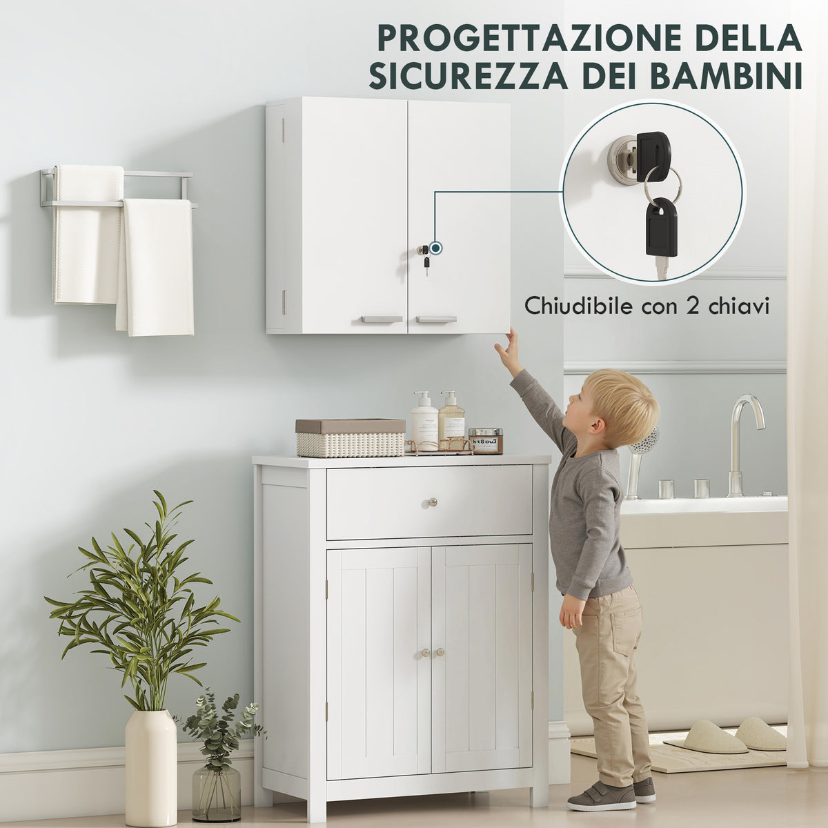Armadietto Medicinali con 3 Mensole Interne e 8 Portabottiglie, in Legno e Metallo, 53x20x53 cm, Bianco