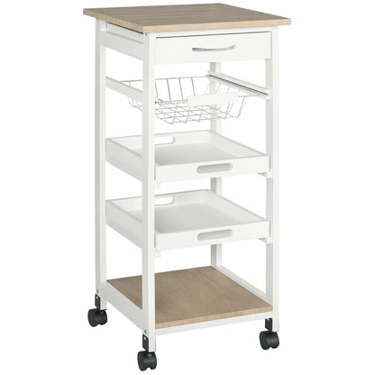 Carrello da Cucina Salvaspazio in Legno di Pino e MDF, Carrello Portaoggetti con Cassetto, Cestello, 2 Vassoi e 4 Ruote Universale, 37x37x82cm, Bianco
