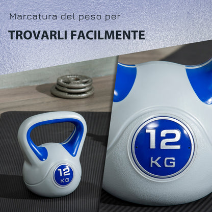 Kettlebell 12kg in PU e Sabbia con Base Piatta e Impugnatura per Stacchi, Squat e Sollevamenti, 24x17x28 cm, Blu