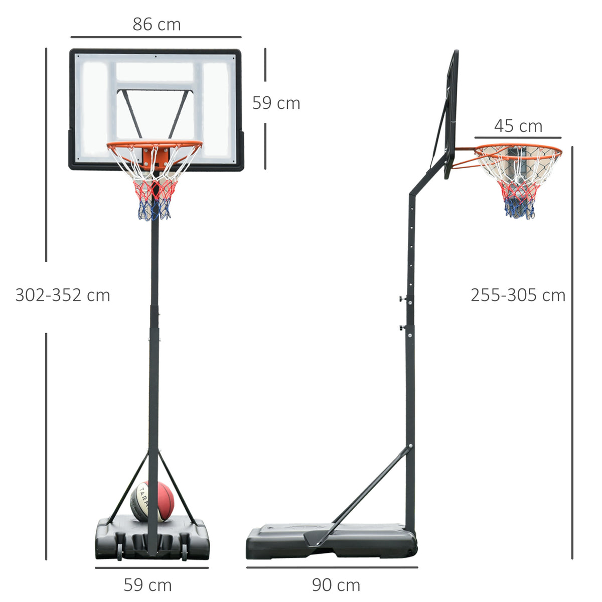 Canestro Basket per Adulti con Altezza Regolabile 302-352cm, Struttura in Acciaio, PE e PVC, Nero
