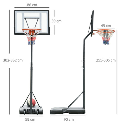 Canestro Basket per Adulti con Altezza Regolabile 302-352cm, Struttura in Acciaio, PE e PVC, Nero