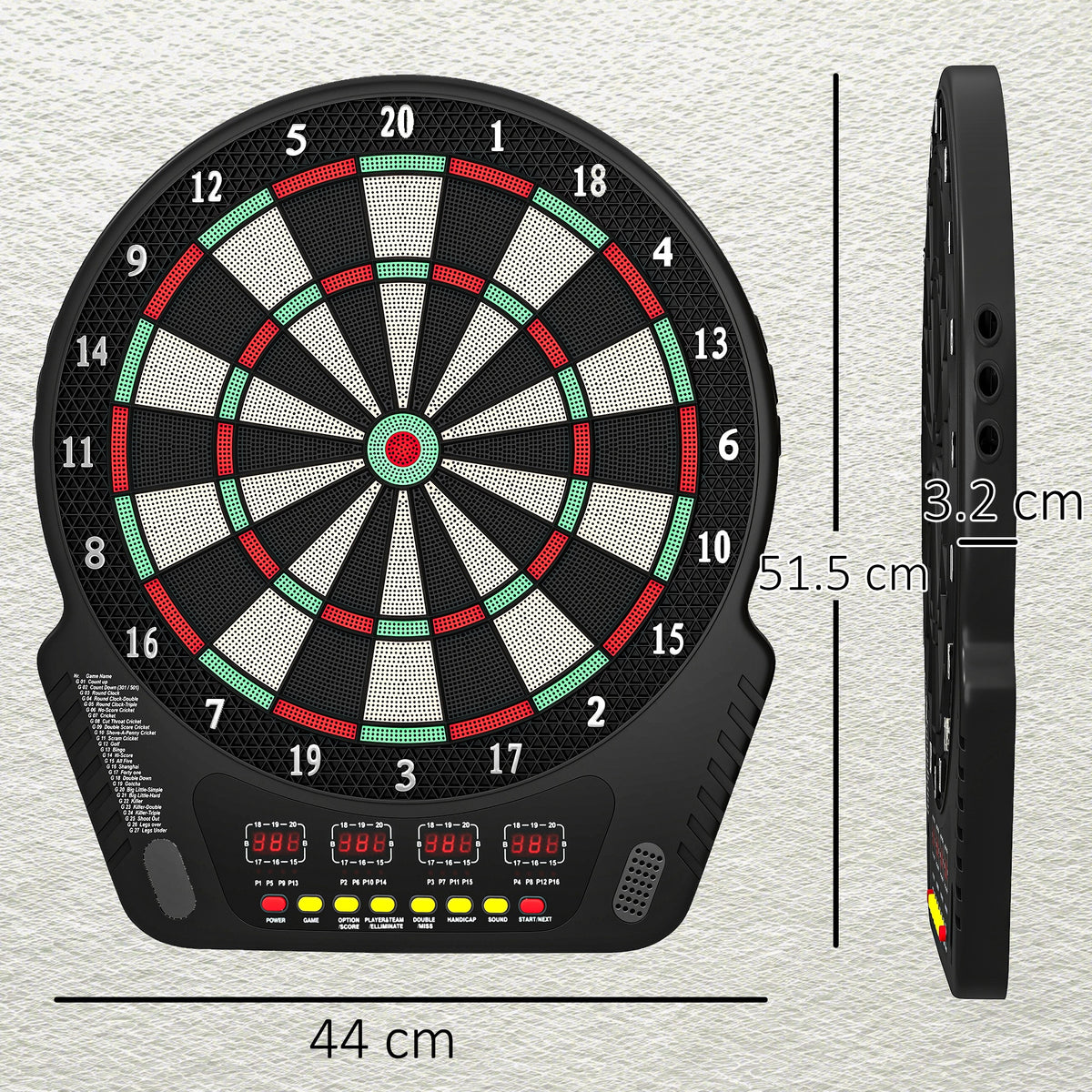 Bersaglio Freccette con 6 Freccette, Alimentatore, 4 Display LED e 27 Giochi, in ABS e PP, 44x51.5x3.2 cm, Nero