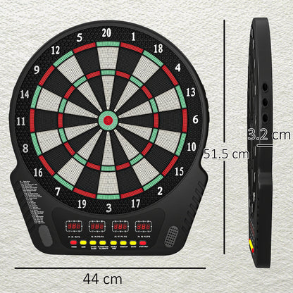 Bersaglio Freccette con 6 Freccette, Alimentatore, 4 Display LED e 27 Giochi, in ABS e PP, 44x51.5x3.2 cm, Nero