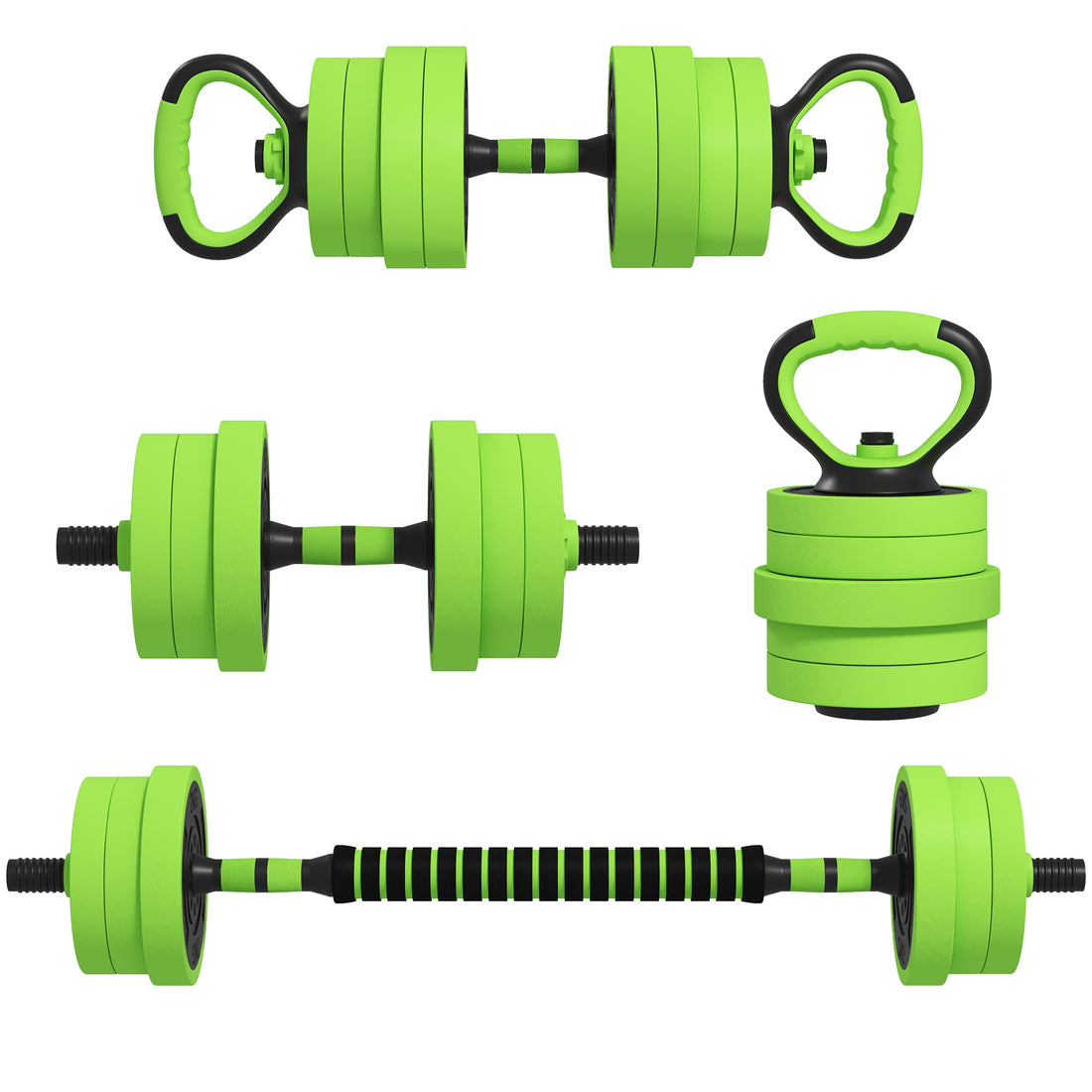 Set Pesi da Palestra 4 in 1 da 20kg, Convertibile in Kettlebell, 2 Manubri, Bilanciere e Supporto Flessioni, Verde